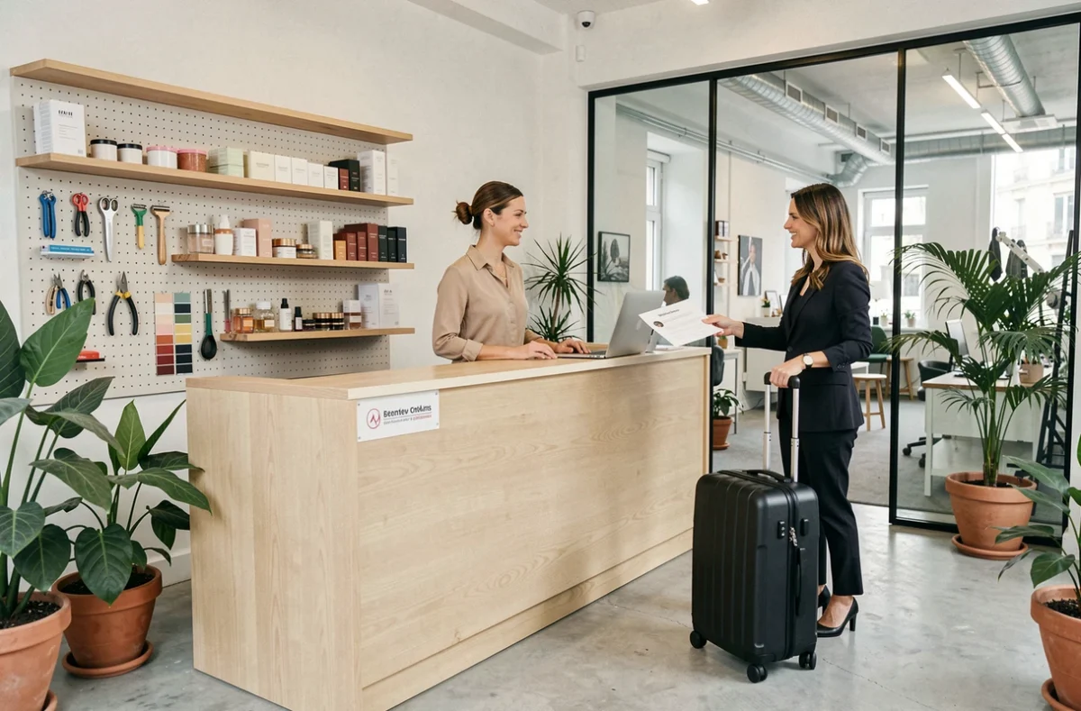 Accueil d'un espace de coworking dédié à la beauté à Paris avec réceptionniste et nouvelle membre professionnelle