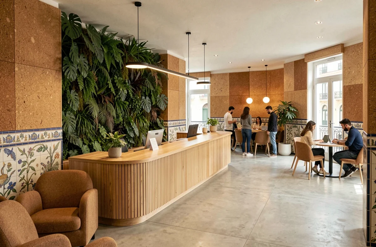 Espace d'accueil et salon d'un coworking moderne à Lisbonne mêlant design nordique et matériaux portugais