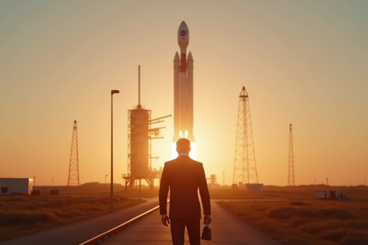 Administrateur nasa sur une plateforme de lancement au lever du soleil