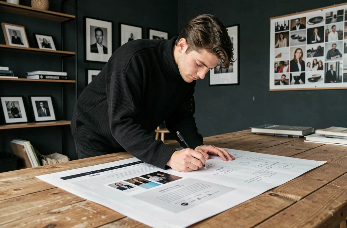 Directeur créatif de l'agence Beaucoup annotant une maquette de site web imprimée dans un studio créatif au design épuré