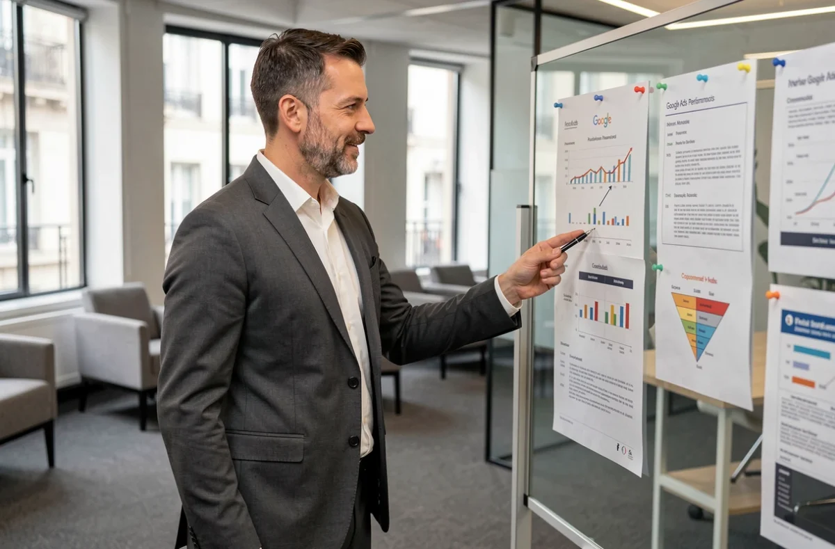 Consultant en marketing digital de l'agence Digipros présentant des résultats de campagne Google Ads dans un bureau lyonnais