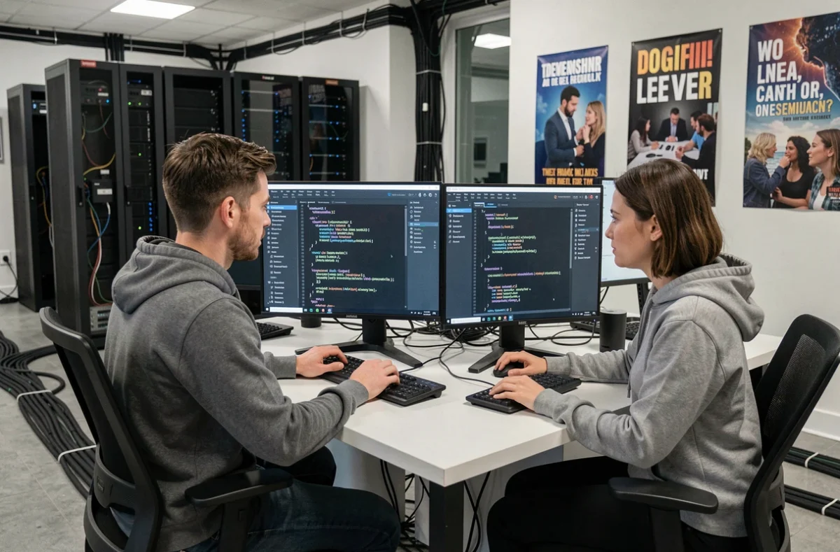 Deux développeurs de l'agence Galadrim travaillant côte à côte sur une application web en code open source dans un bureau tech