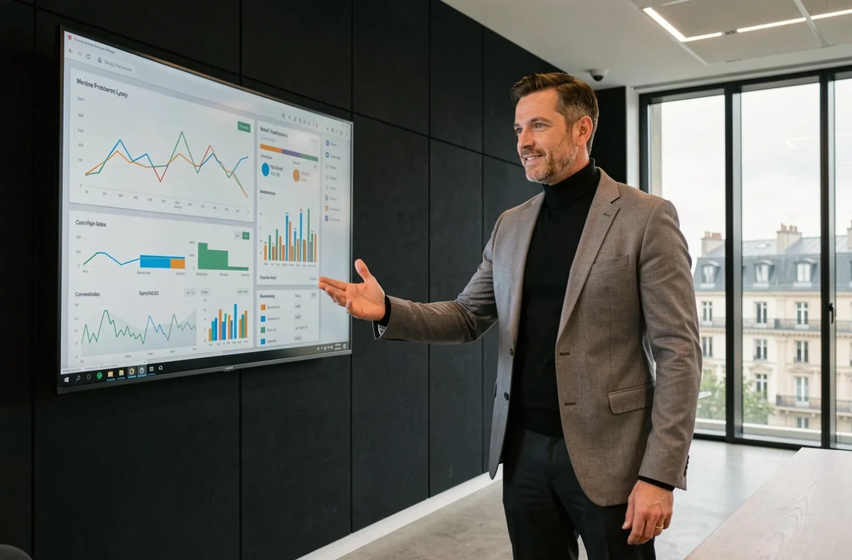 Stratège digital de l'agence Interactive Trend présentant un tableau de bord de données web dans une salle de réunion moderne à Lyon