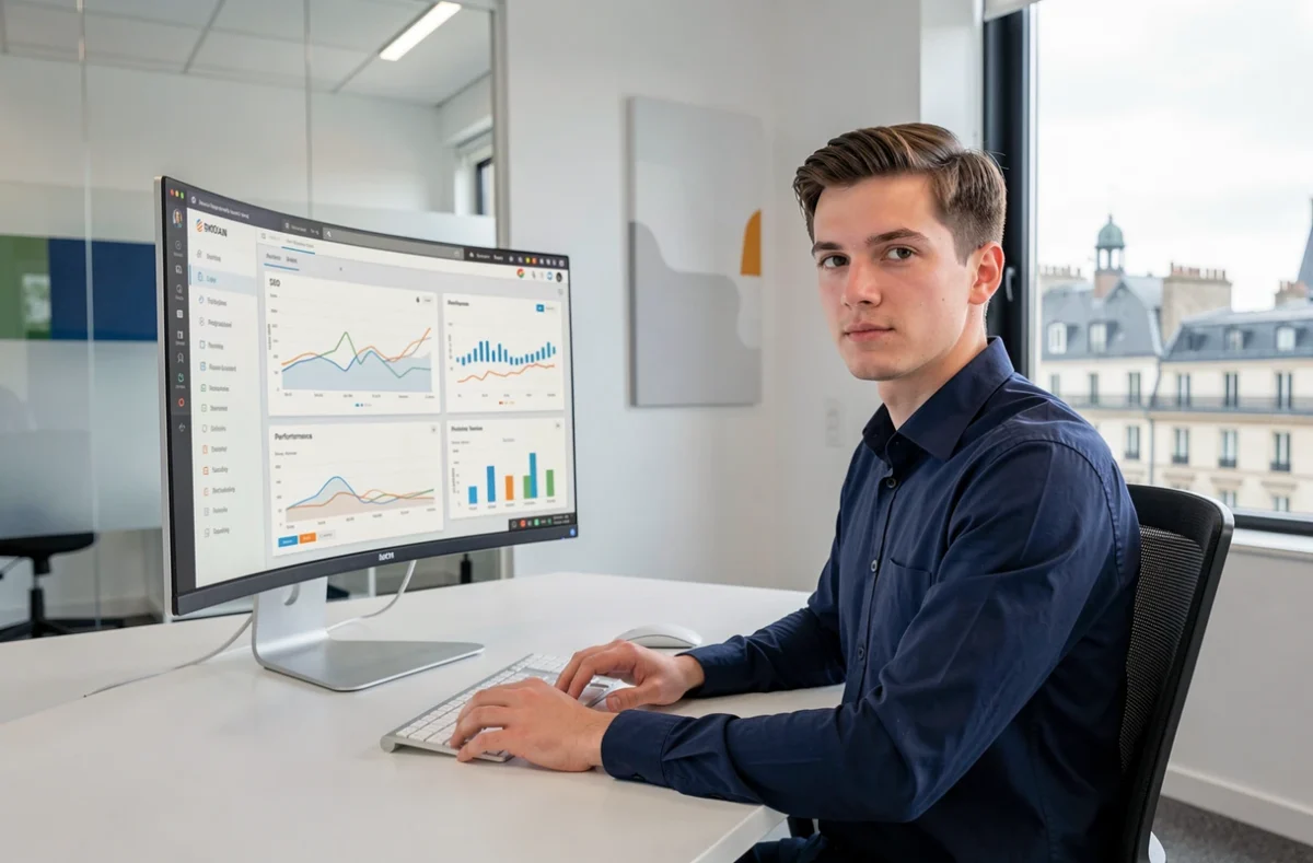 Consultant web de l'agence NOIISE analysant des performances SEO sur un grand écran dans un bureau moderne