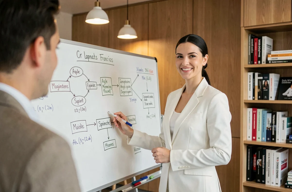 Cheffe de projet de l'agence Pilot'in présentant un plan de gestion de projet agile sur un tableau blanc dans un espace collaboratif