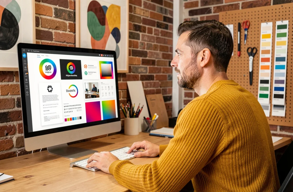 Designer de l'agence YellowTie travaillant sur une identité visuelle de marque affichée sur un écran dans un studio créatif