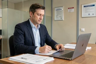 Agent administratif examinant des documents officiels à son bureau dans un service public, illustrant un contrôle CNPAS