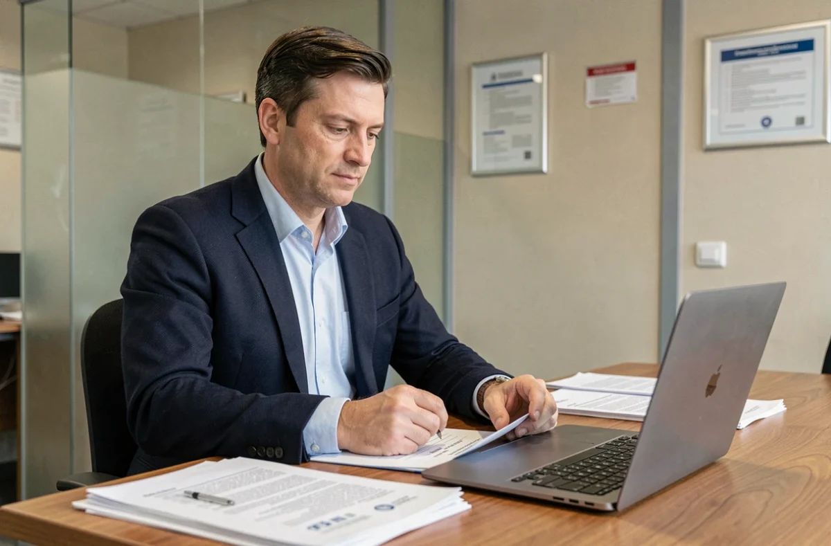 Agent administratif examinant des documents officiels à son bureau dans un service public, illustrant un contrôle CNPAS