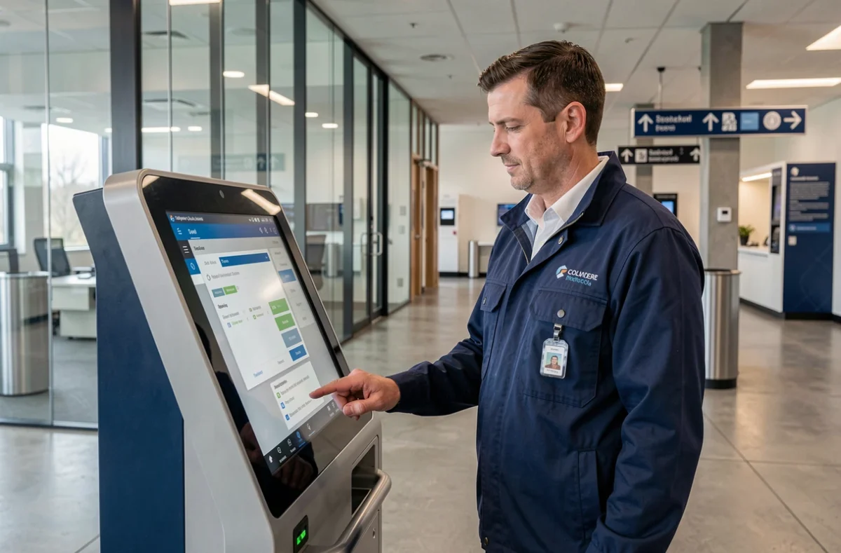 Agent RATP Urban Group utilisant un terminal sécurisé dans un bâtiment administratif moderne