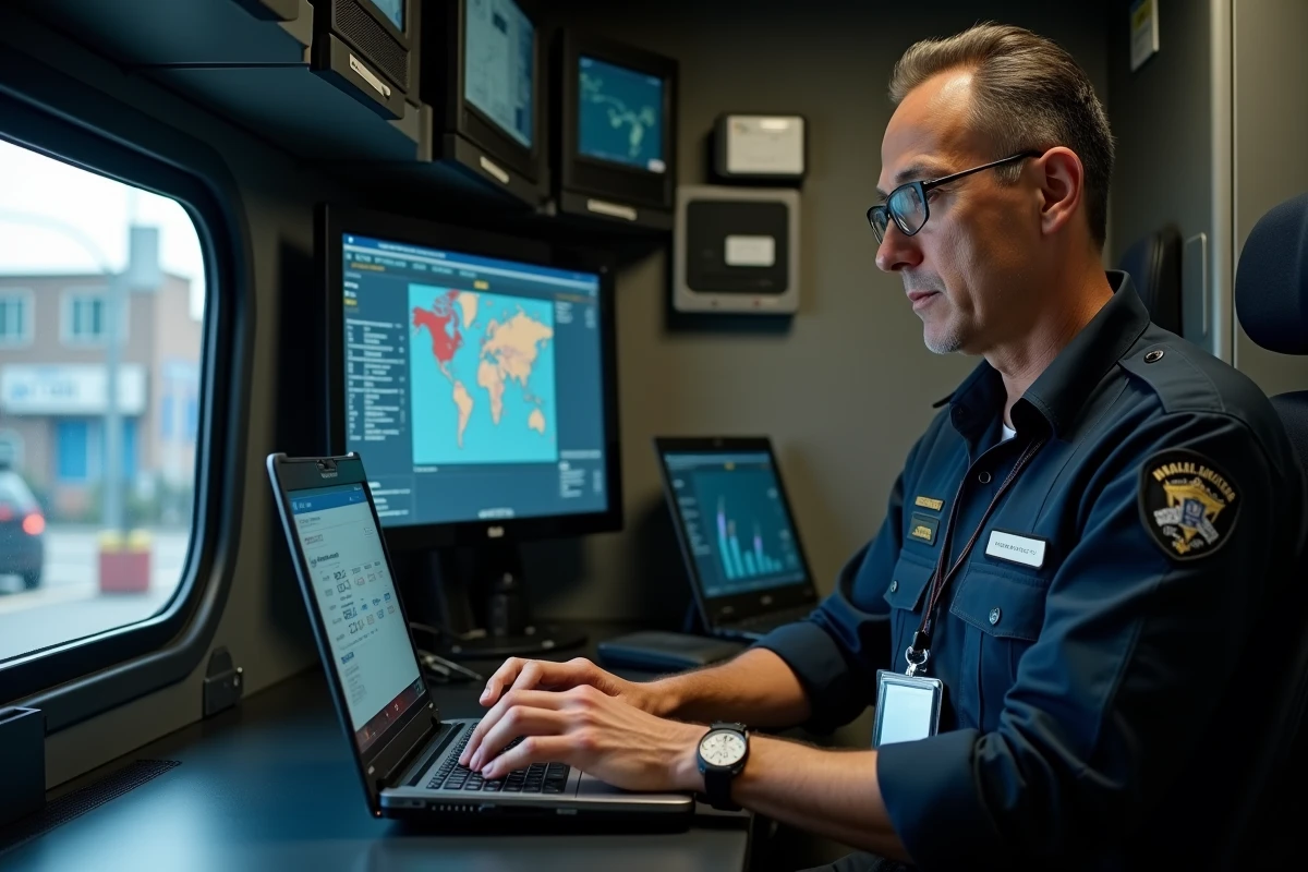 Agent Securitas en déplacement se connectant au portail collaborateur depuis un bureau mobile terrain