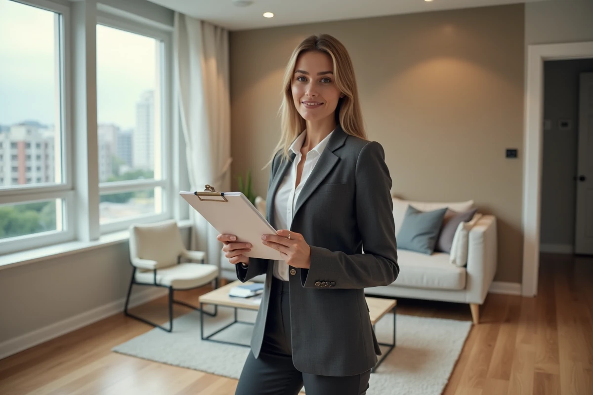 Agente immobilière présentant un appartement rénové, secteur immobilier accessible sans diplôme avec revenus élevés