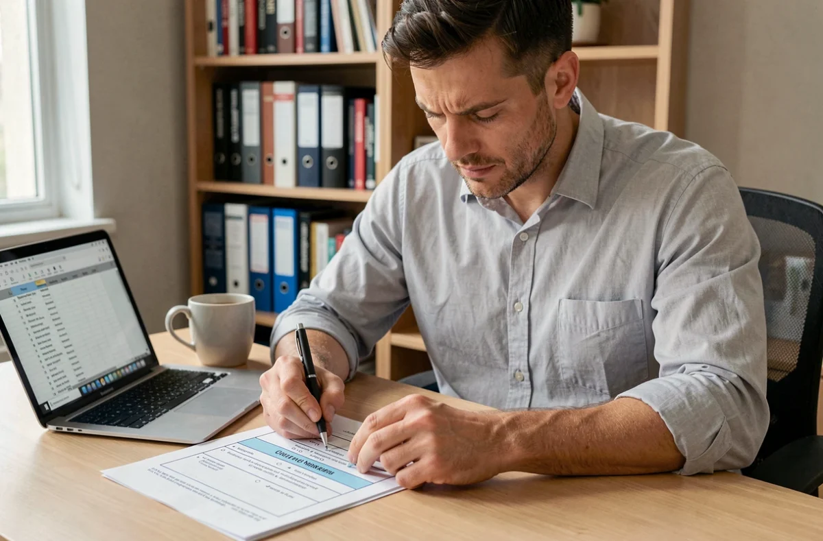 Homme d'affaires analysant une liste de contrôle en cinq points pour éviter les erreurs dans la gestion de projet en entreprise