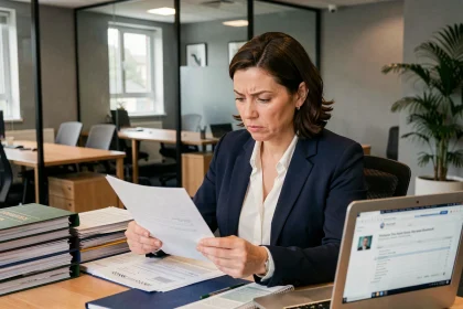 Femme professionnelle analysant des documents de propriété intellectuelle à son bureau