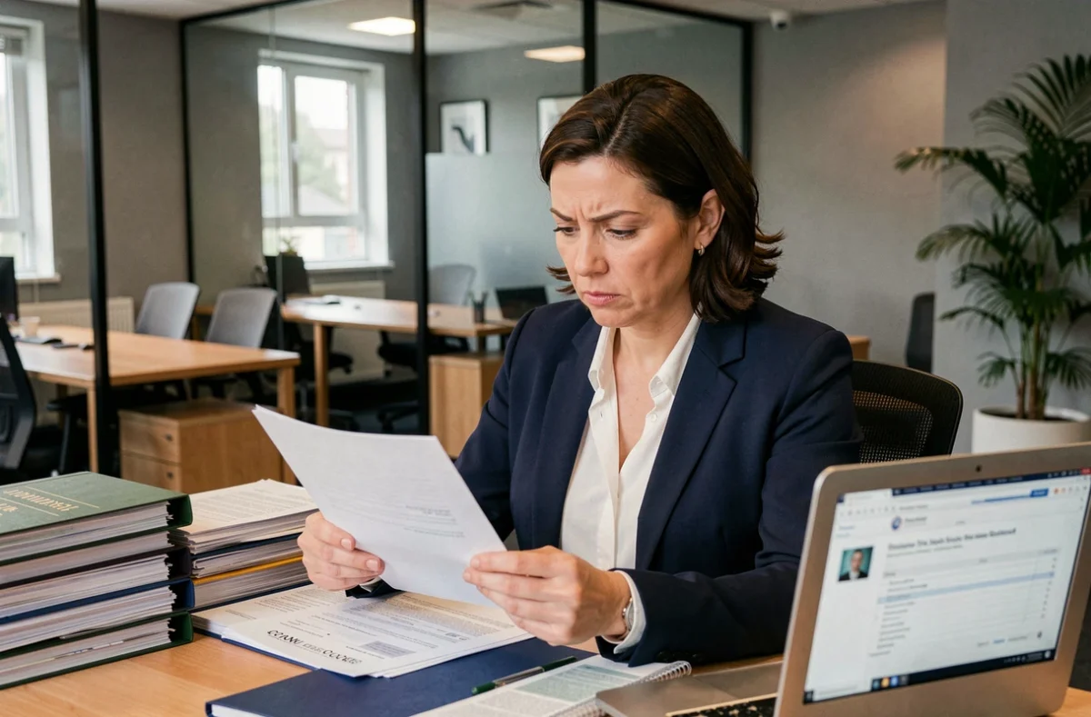 Femme professionnelle analysant des documents de propriété intellectuelle à son bureau