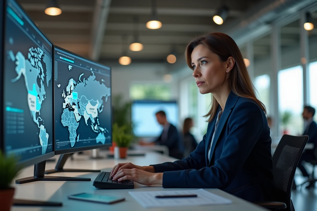 Professionnelle analysant des données territoriales d'entreprise sur un double écran dans un open space moderne en France