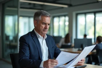 Apporteur d'affaires particulier calculant son montant maximum de commission sur des documents financiers dans un bureau professionnel