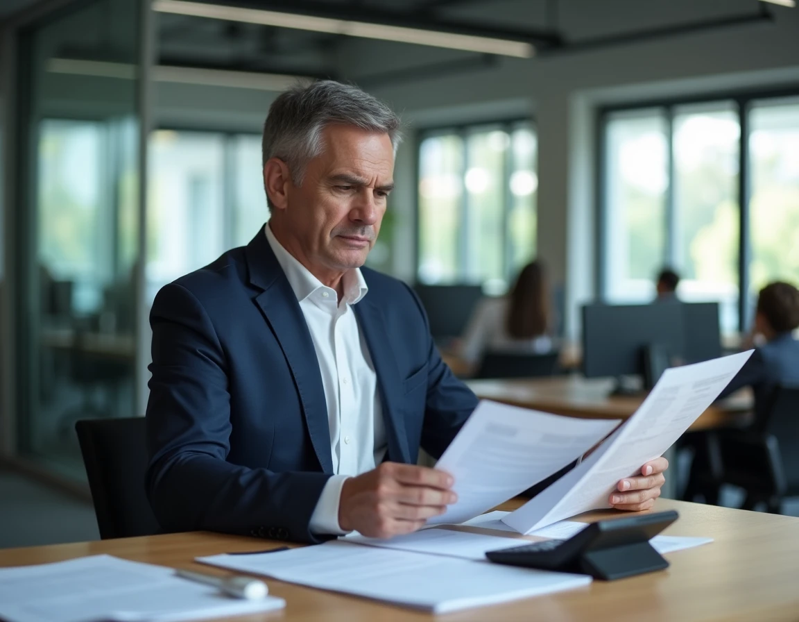 Apporteur d'affaires particulier calculant son montant maximum de commission sur des documents financiers dans un bureau professionnel