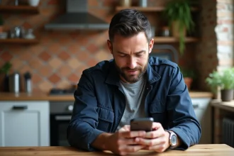 Artisan homme utilisant son smartphone dans une cuisine chaleureuse