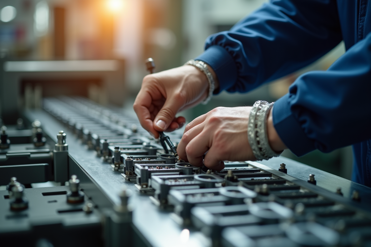 Mains manipulant des composants sur une ligne de production