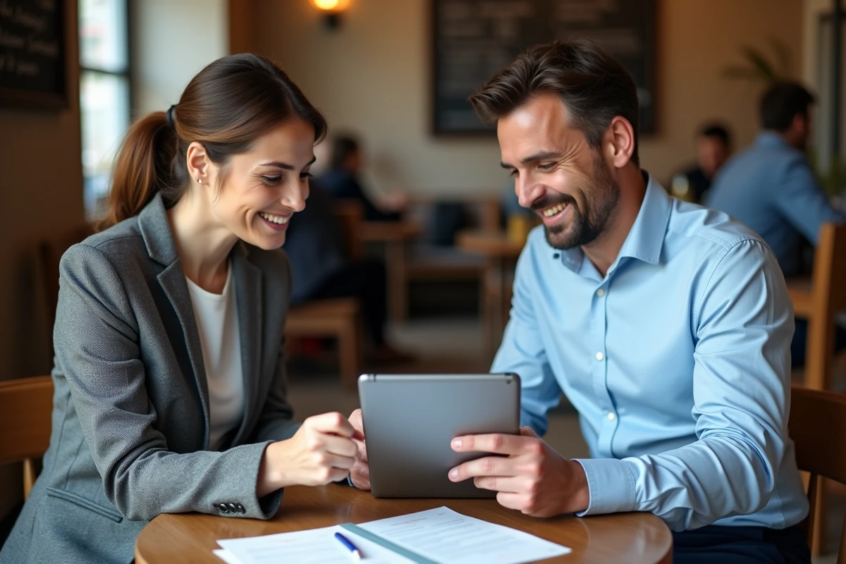 Deux associés entrepreneurs discutant d'un abonnement au journal des entreprises sur une tablette dans un café urbain
