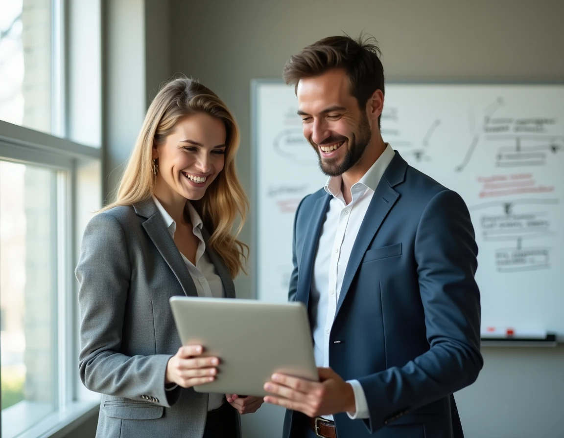 Deux associés consultant un portail de création d'entreprise en ligne sur un ordinateur portable dans un bureau moderne