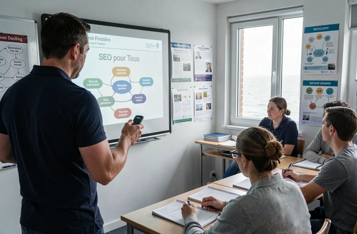 Benoît, consultant SEO de SEO pour Tous à Brest, animant une formation au référencement naturel pour un groupe d'apprenants en Finistère