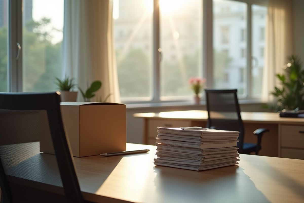 Bureau professionnel avec chaise vide et affaires personnelles