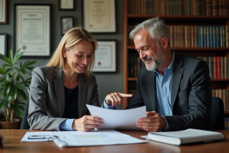 Homme et femme en tenue professionnelle dans un bureau
