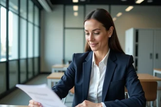 Femme professionnelle en blazer marine consultant un formulaire de candidature à un emploi administratif dans une mairie