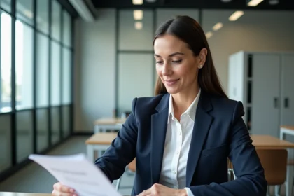 Femme professionnelle en blazer marine consultant un formulaire de candidature à un emploi administratif dans une mairie