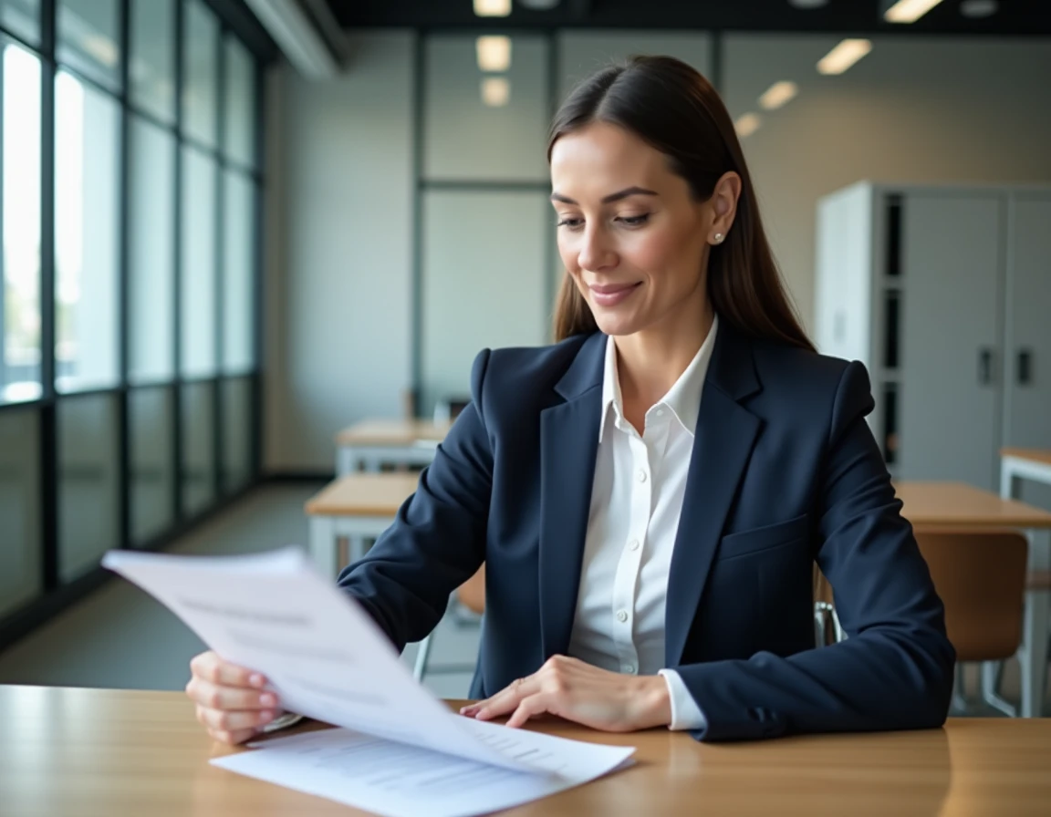 Femme professionnelle en blazer marine consultant un formulaire de candidature à un emploi administratif dans une mairie