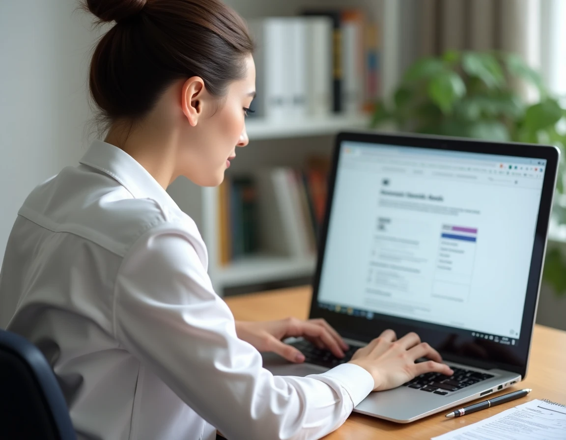 Jeune femme complétant une candidature en ligne pour un poste administratif à la mairie depuis son bureau à domicile