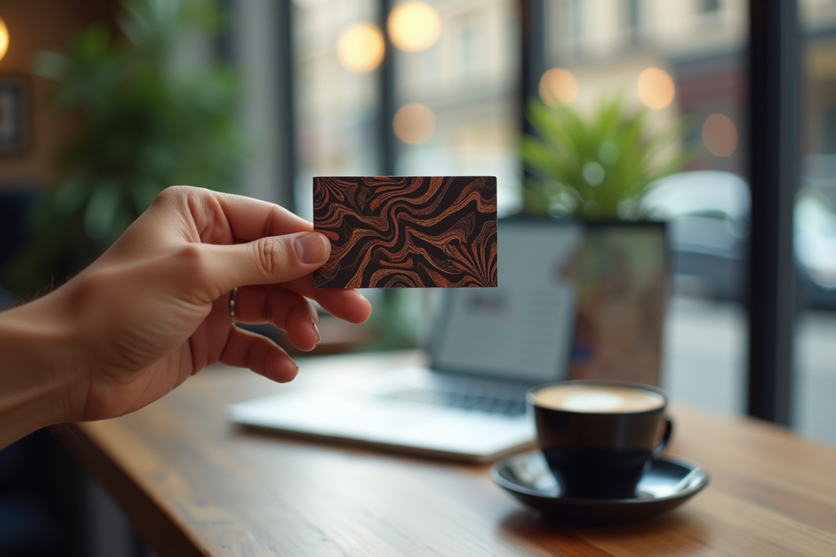 Main tenant une carte de visite design dans un café moderne