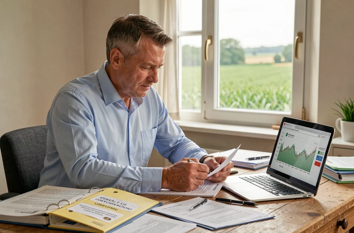 Expert-comptable agricole de Cerfrance Alliance Centre examinant des documents financiers avec vue sur les champs de Beauce