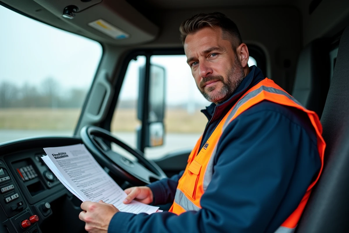 Conducteur de camion lisant documents de salaire dans la cabine