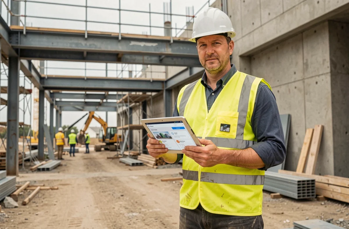 Chef de chantier consultant la plateforme Mon cercle BTP sur une tablette numérique devant un chantier de construction actif avec échafaudages et structures métalliques