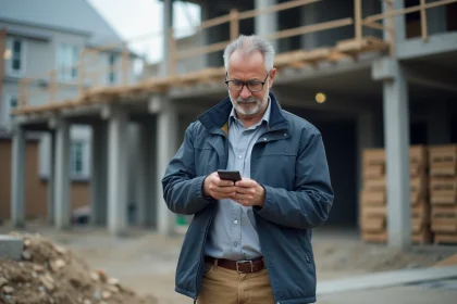 Chef de chantier en ext&eacute;rieur utilisant une application