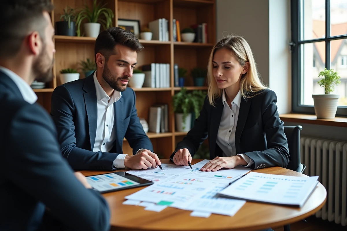 Deux professionnels évaluant un audit SEO pour choisir le meilleur expert en référencement en Alsace