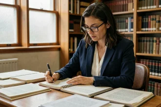 Chercheuse citant des archives dans une bibliothèque universitaire avec des documents académiques ouverts sur un bureau en bois