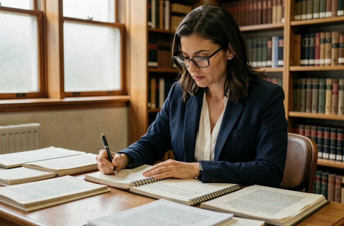 Chercheuse citant des archives dans une bibliothèque universitaire avec des documents académiques ouverts sur un bureau en bois