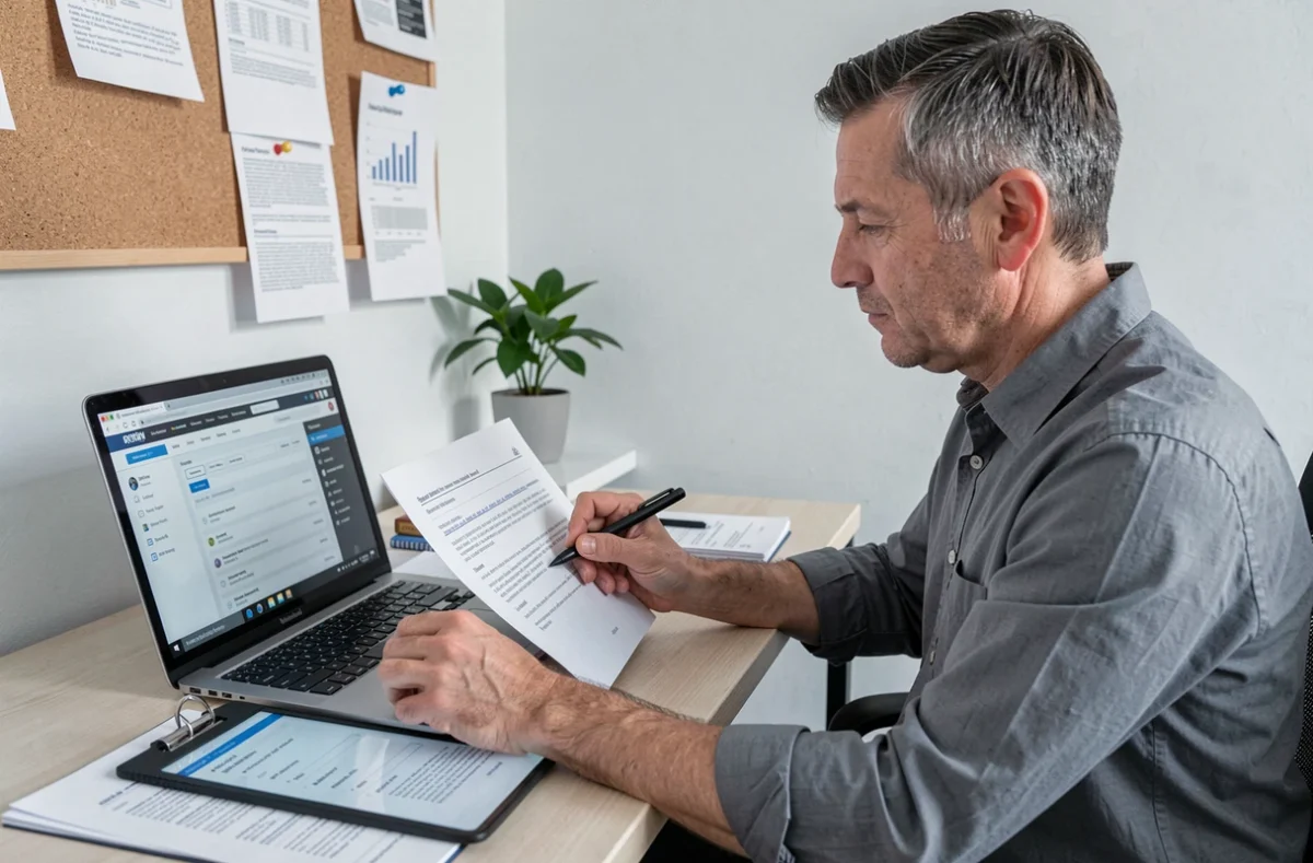 Homme consultant des archives en ligne et des documents imprimés dans un bureau à domicile pour rédiger des citations académiques