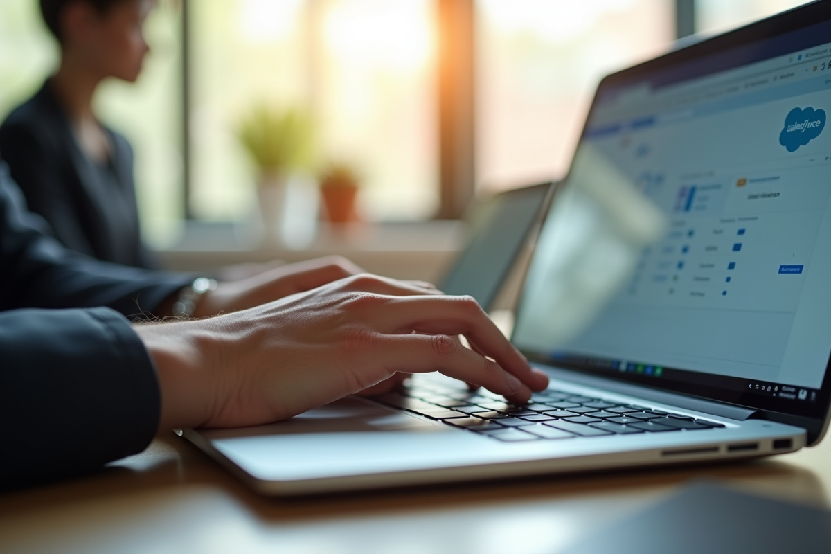 Mains tapant sur un clavier avec interface Salesforce visible à l