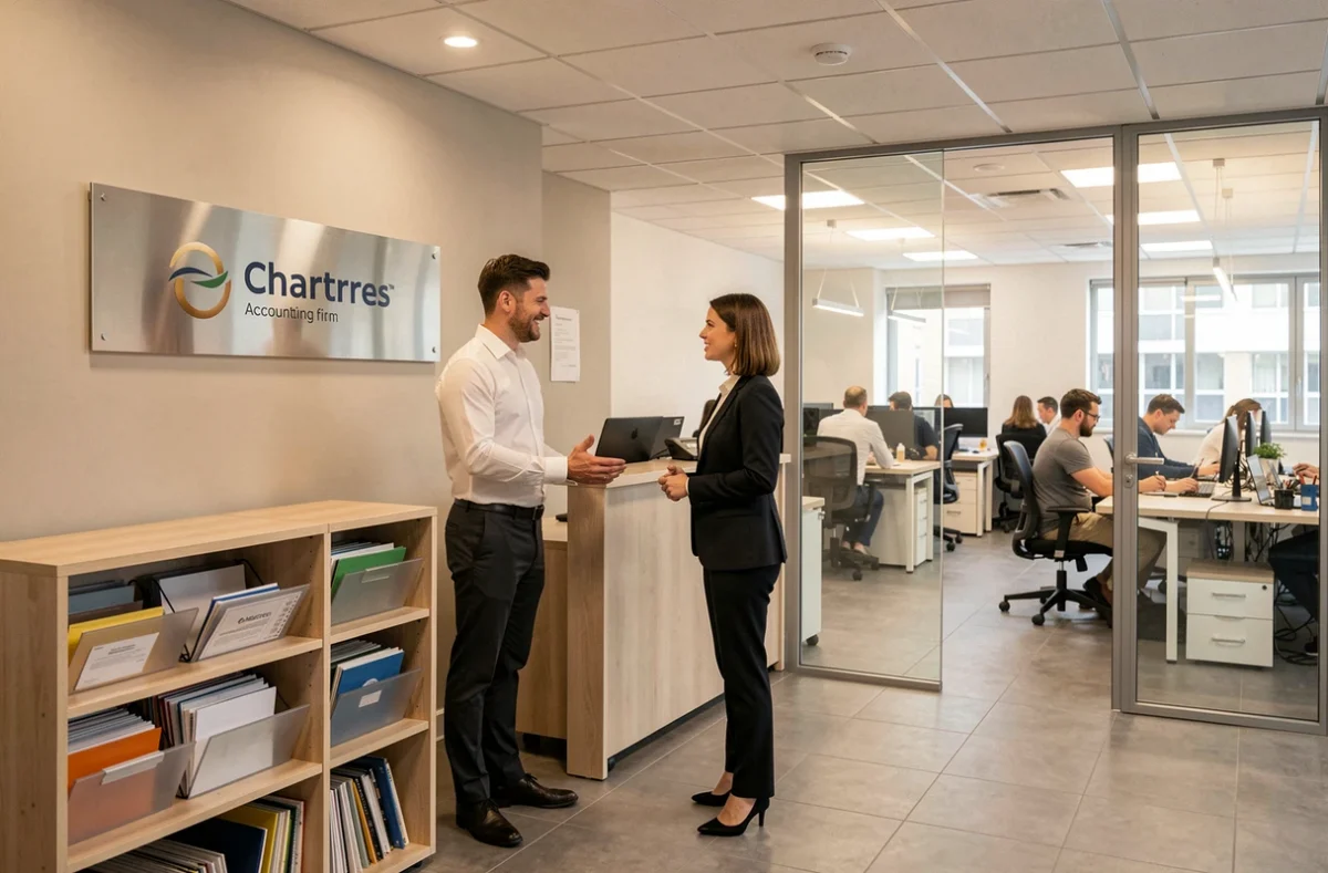 Accueil professionnel du cabinet Cogep à Chartres avec un conseiller recevant un client dans une agence multisite