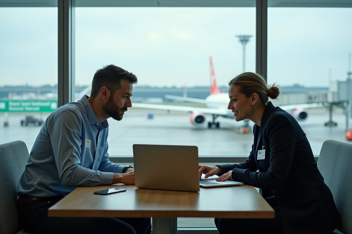 Deux collaborateurs Securitas en déplacement consultant le guide du portail sur laptop dans un aéroport