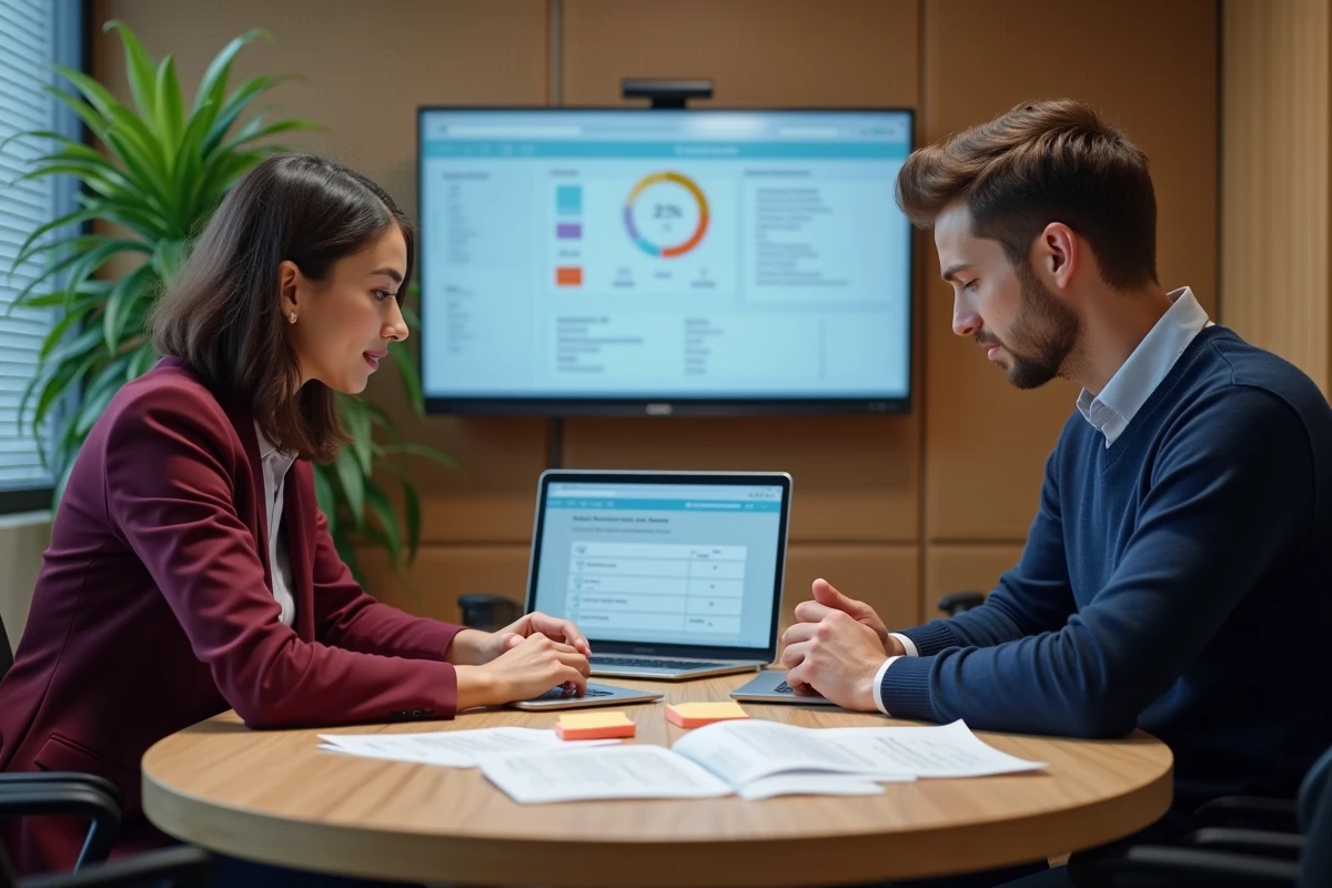 Deux collègues collaborant sur l'intégration d'un PGI pour fiabiliser la gestion des temps et éviter les litiges de paie