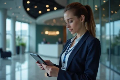 Collaboratrice Securitas consultant le portail employé sur tablette dans un hall d'entreprise moderne