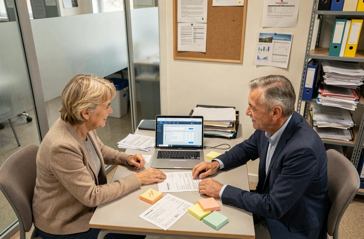 Deux collègues de l'Éducation nationale analysant ensemble des bulletins de paie avec heures supplémentaires et mutation