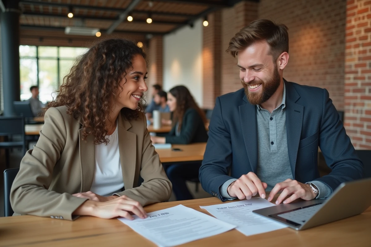 Deux jeunes professionnels consultant des offres d'emploi locales ensemble dans un espace de coworking