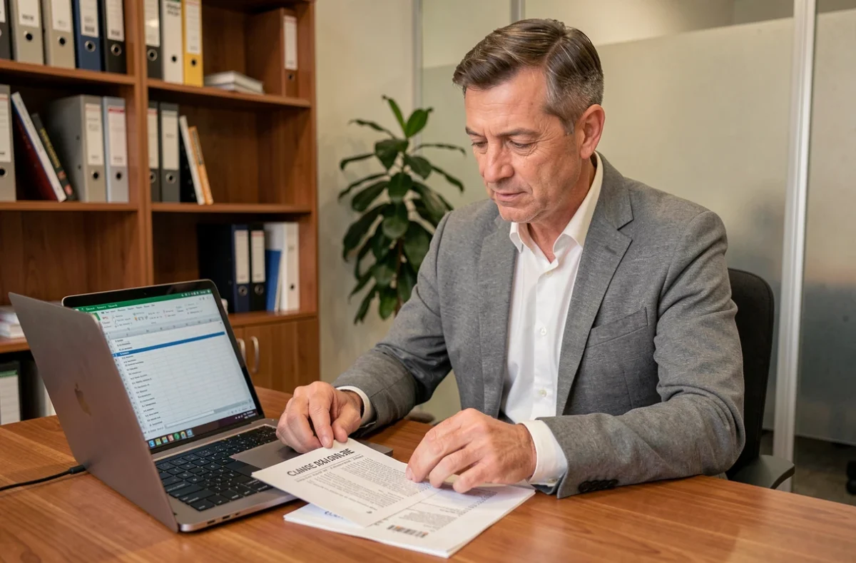 Chef d'entreprise comparant des devis d'entreprises de nettoyage sur papier et ordinateur portable dans un bureau professionnel