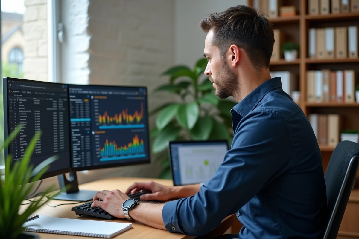 Comptable travaillant sur un logiciel de paie devant un poste de travail à deux écrans